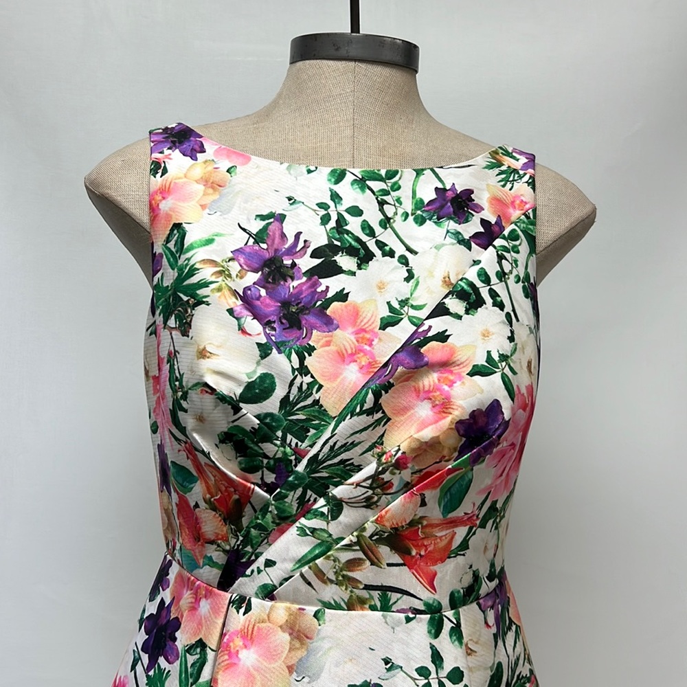 Aidan Mattox flower print sleeveless midi pleated cocktail dress - Picture 3 of 8